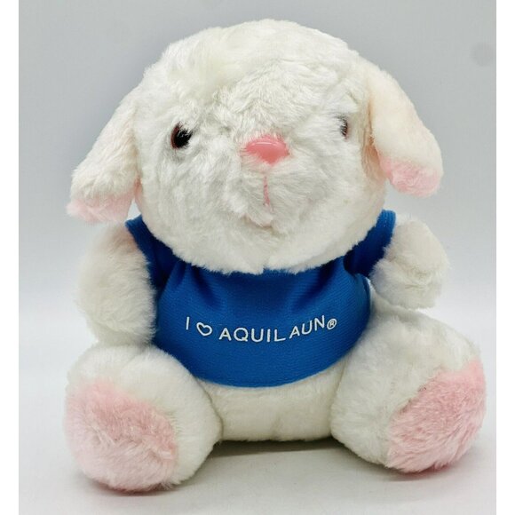 Aquilaun Other - Aquilaun White Lamb Plush Pink Eyes Blue Shirt Advertising Promo 1982 Bunny